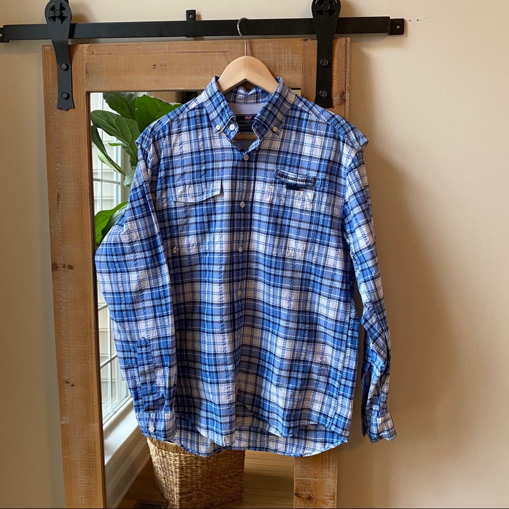 Vineyard Vines Blue Plaid Harbor Fishing Shirt Size S